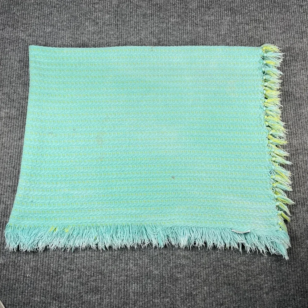 Vtg Knit Blanket Blue Yellow Fringe Unisex Cotton Throw Blanket‎